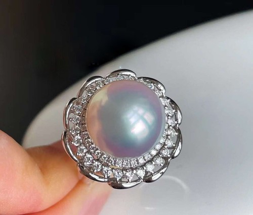 100% clean best 13-14mm Australian south sea pearl ring G18K Diamond order - Picture 6 of 7