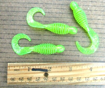 25 CHARTREUSE SILVER Flake 3'' RINGED Twister Tail GRUBS Bass Fishing Lures Baits