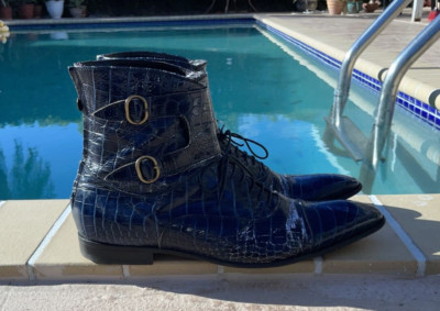 ROBERTO GUERRINI BLUE CROCO EMBOSSED LEATHER DOUBLE MONK STRAP BOOTS Sz 45M