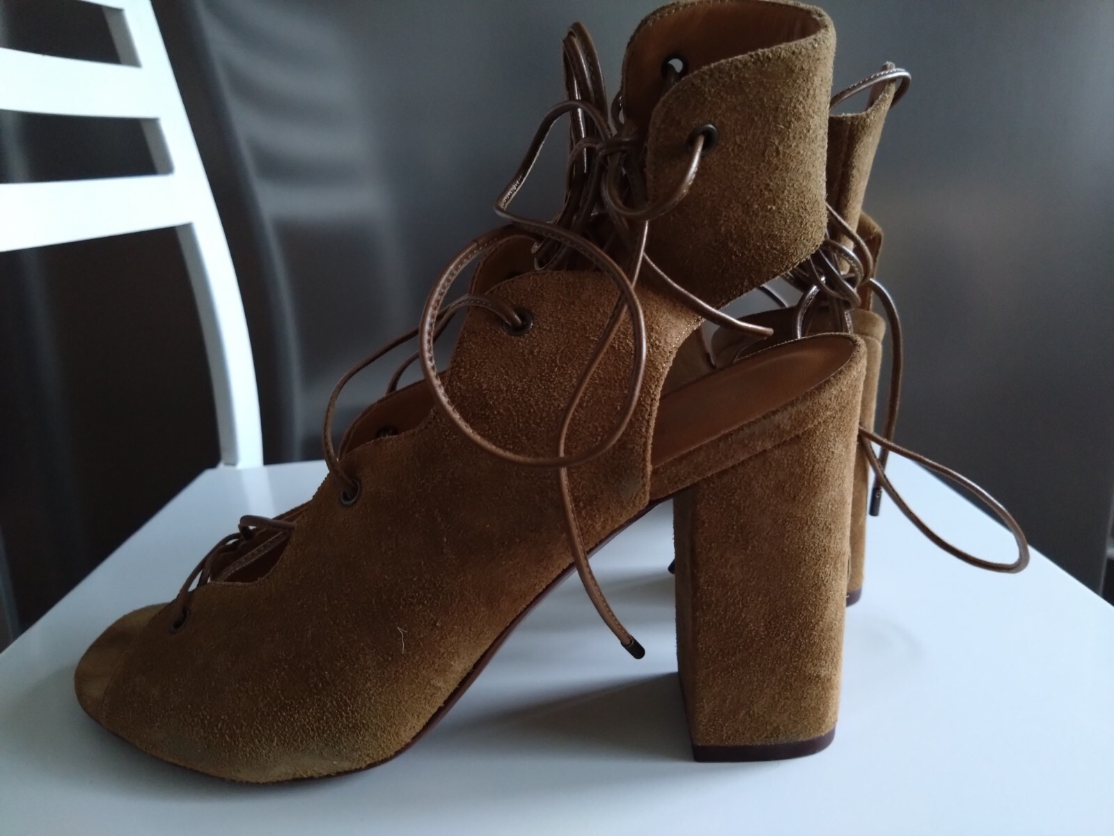 Scarpe Saint Laurent Paris ""Babies"" tacco a blocco marrone chiaro taglia UK 6 EU 39