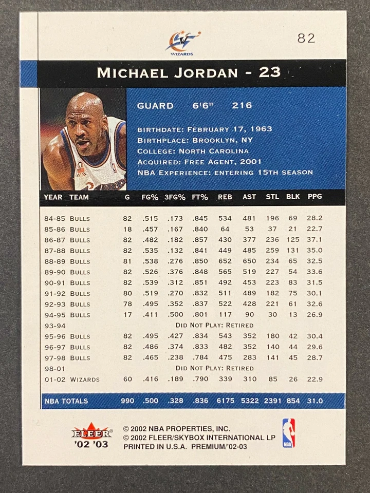 2002-03 FLEER PREMIUM BASKETBALL CARD MICHAEL JORDAN MINT RANGE #82 (RS) - Image 2 of 2
