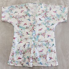 Landau Scrub Top Womens Extra Small White Hummingbirds Medical Nurse Doctor