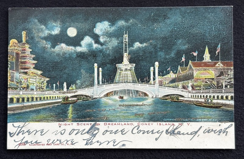 Night Scene Dreamland Coney Island, New York postcard 1901-07 Era Chutes