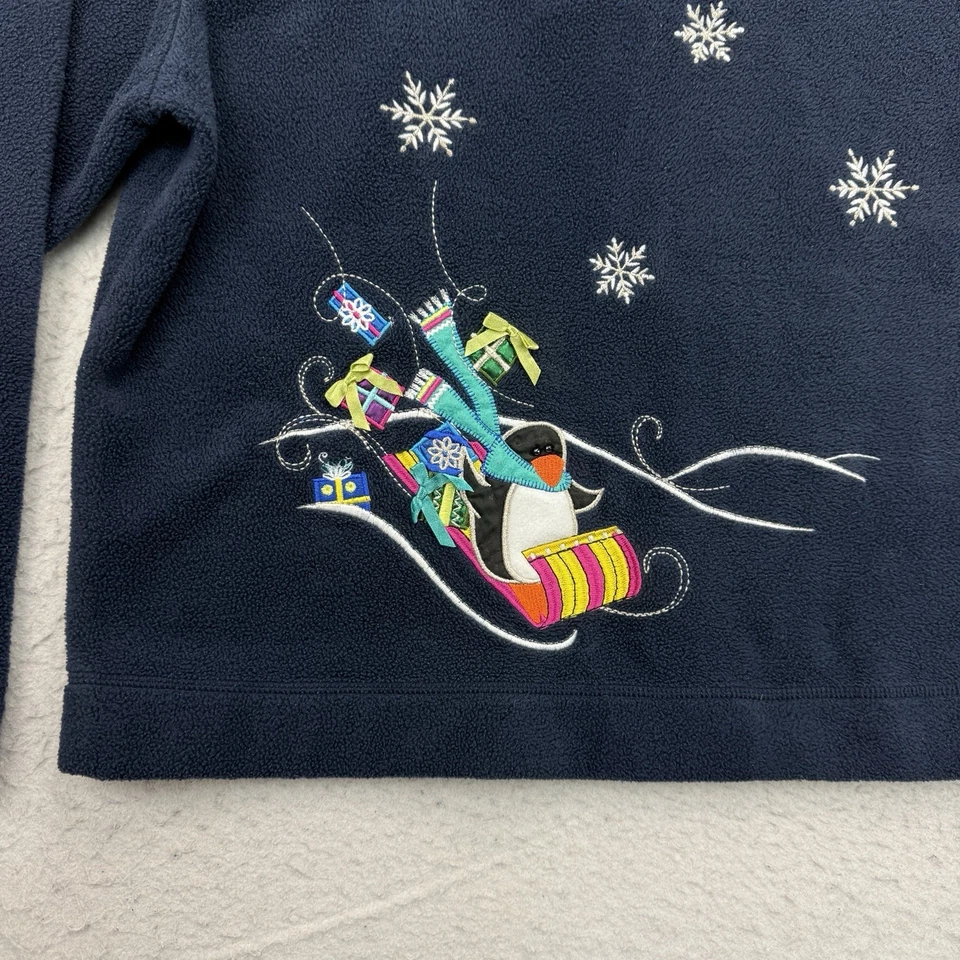 Suéter de Natal Pinguim Feminino Grande L Azul 1/4 Zíper Pulôver Flocos de Neve - Imagem 4 de 4