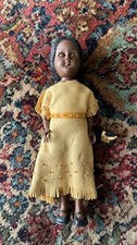 Vintage Native American Indian Doll Sleepy Eyes with Beaded Leather Dress 11”