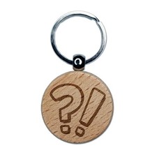 Shocked Confused Surprised Question Exclamation Marks Wood Round Keychain