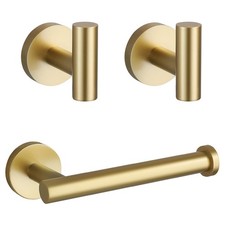 Toilet Paper Holder 2 Towel Hooks Brushed Gold SUS304 Stainless Steel 3-Piece...