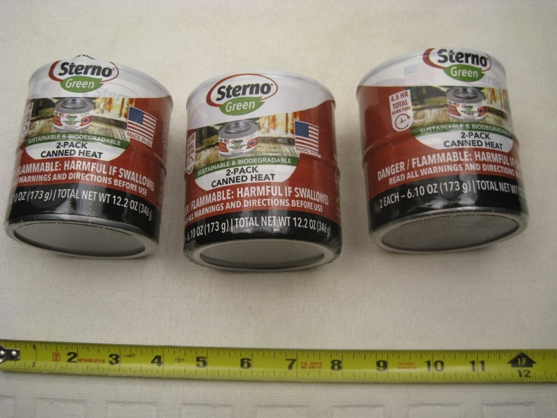 3 packs of 2 Sterno GREEN Canned Heat with a Total of 13.5 Hours of Burn Time.