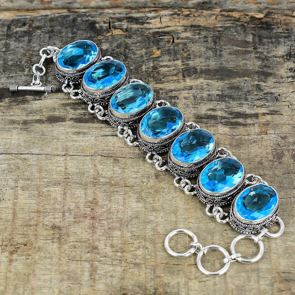 Incredibile Collana Bracciale Set In Argento Sterling 925 Con Gemma Topazio Blu - Immagine 3 di 4
