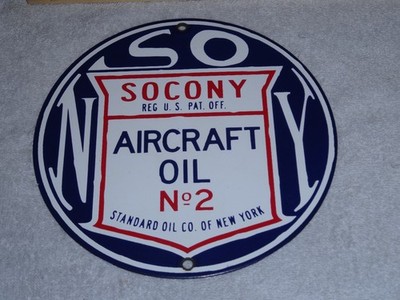 VINTAGE SOCONY AIRCRAFT STANDARD OIL  OF NEW YORK 8'' PORCELAIN METAL DS GAS SIGN