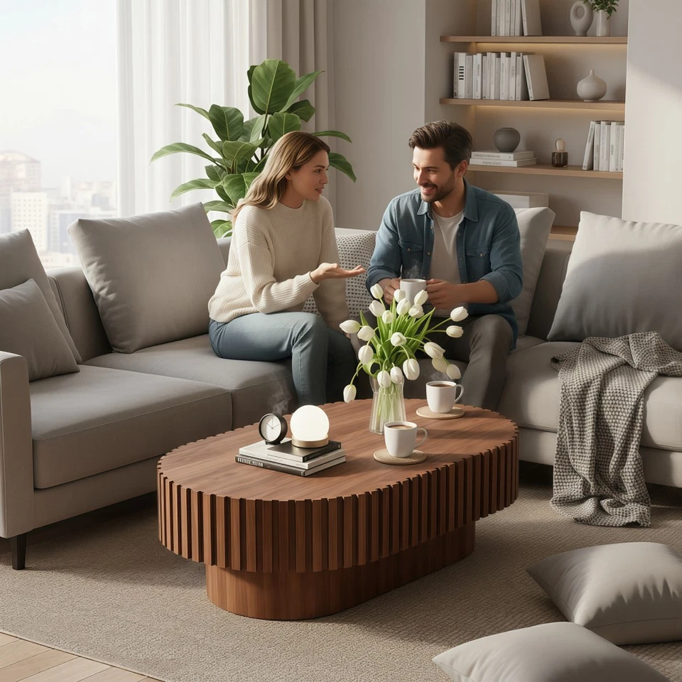 椭圆形咖啡桌中世纪现代凹槽咖啡桌带底座 — 第 3/4 张图片