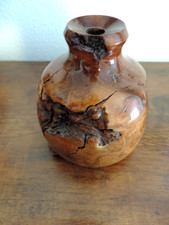 Vtg Handmade Art Piece Heavy Turned  Polished Burl Wood Bud Vase MCM 4 1/4"