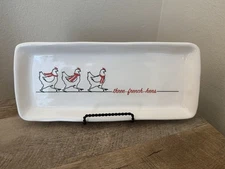 3 French Hens Appetizer Plate Tray Ceramic Dish White Red Christmas