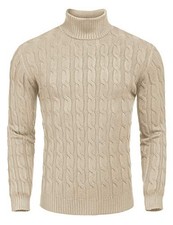 Men's Slim Fit Turtleneck Sweater Casual Twisted Knitted Medium Light Khaki