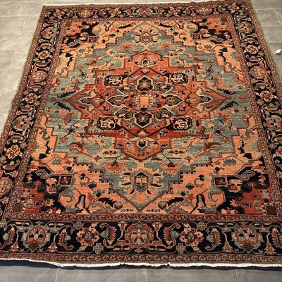 9 X 10 QUALITY VEG DYE TURKISH HERIZ VINTAGE SERAPI USHAK ANTIQUE RUST SKY NAVY