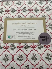 Cupcakes and Cashmere Queen Sheet Set 4pc Holiday Bows & Holly Red & Green, New