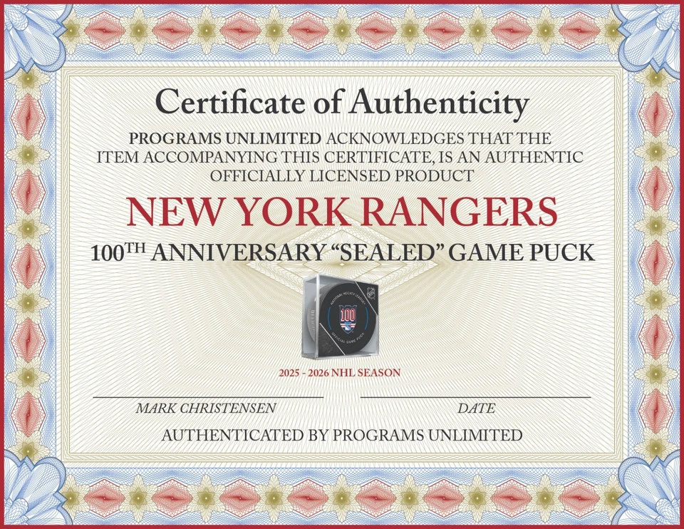 2025 2026 NEW YORK RANGERS N.Y. 100TH ANNIVERSARY GAME PUCK CUBED PATCH IN STORE - Image 4 of 4