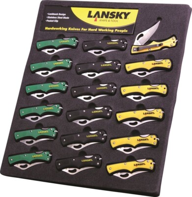 Lansky Display Includes 18 Small Lockback Pocket Knives Stainless Blades Corian