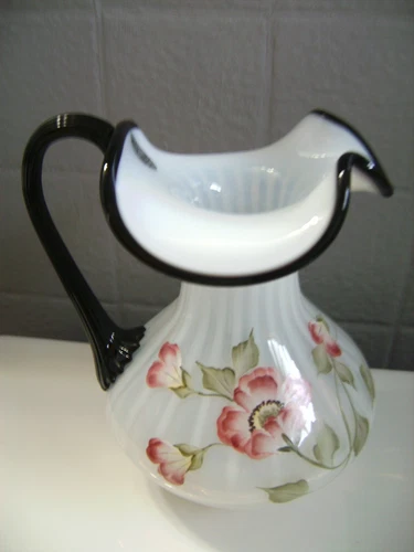 FENTON - D. BRUUN (HP) - OPAL RIB OPTIC FLORAL PITCHER - BOX AND PAPERWORK!!