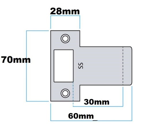 Extended Striker Plate 70x30mm Stainless Steel Fits Mortise locks BDS 09351133 - Picture 2 of 4