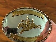 60s/70s WESTERN RODEO COWBOY BRONCO RIDING NICKEL SILVER BELT BUCKLE