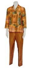 Retro Silk Blouse and Pant Set, Gold and Olive Green Print 2 Piece MCM Sz 6