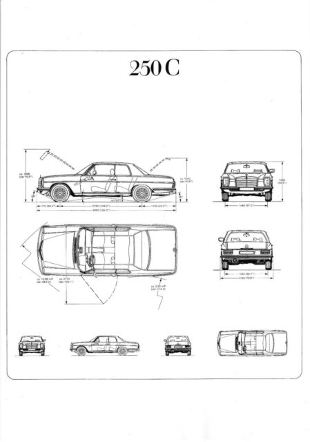 Mercedes Benz /8 Strich-Acht W114 W115 Coupe 250 C technische Zeichnung DIN A4