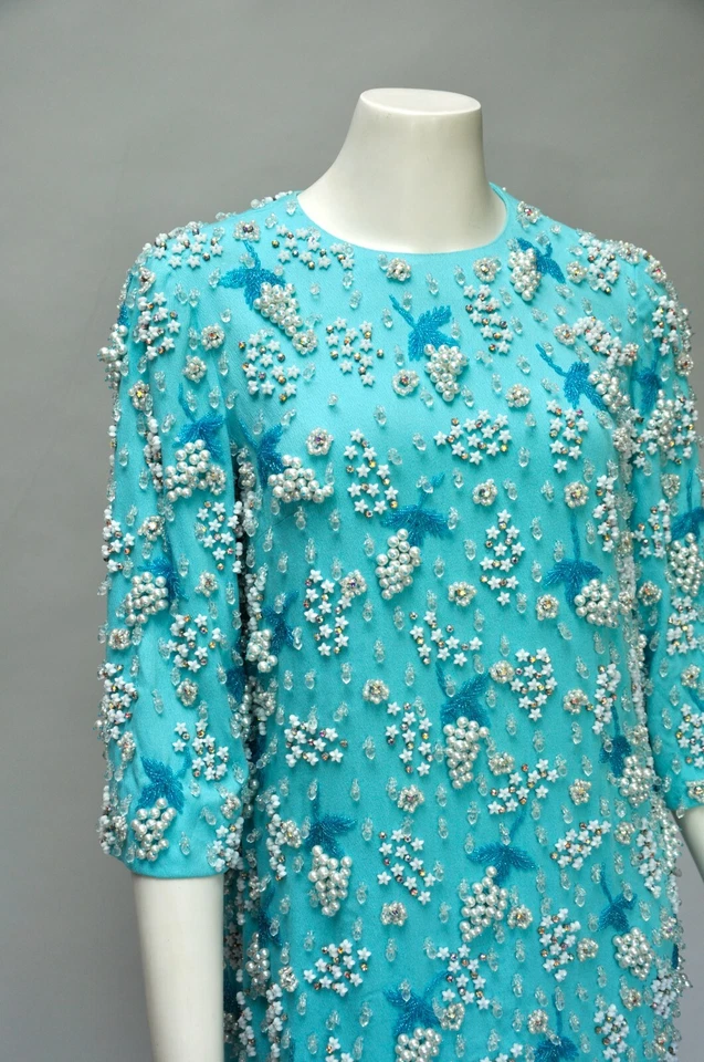 复古 20 世纪 60 年代重串珠水钻珍珠蓝色 Mod Shift 派对礼服 XS-M — 第 3/4 张图片
