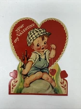 Vintage Valentine Cute Sad Boy Fishing Line Hook Fish Card Made in USA Cheeks