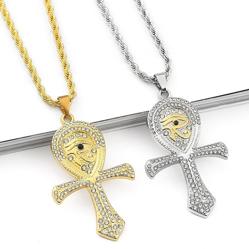 Collana Uomo Egiziana Zircone Ankh Croce Occhio di Horus Ciondolo Hip Hop Gioielli 24" - Foto 4 di 8