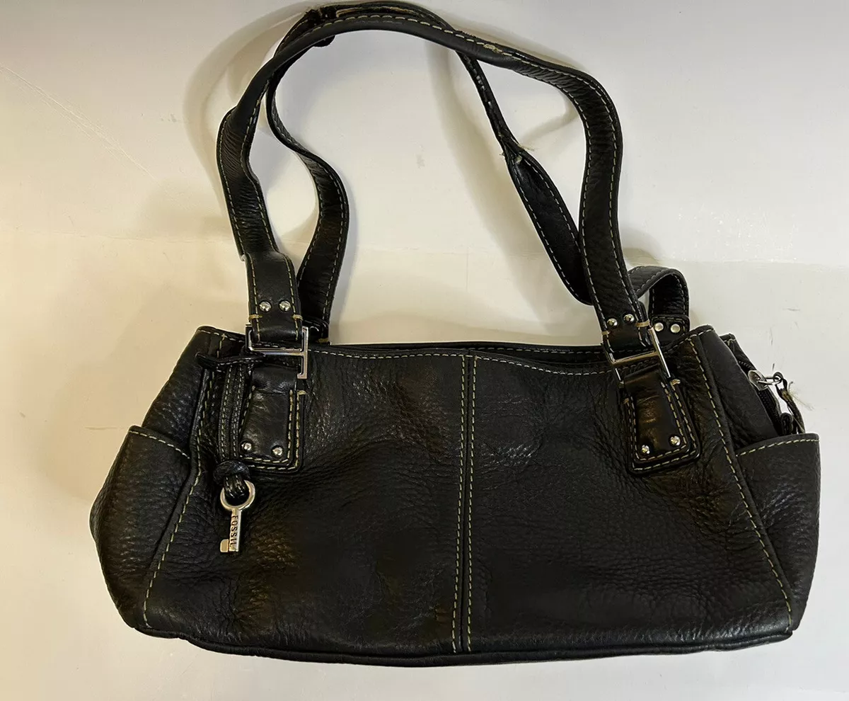 Fossil Black Pebble Leather 3 Section Pocket Shoulder Bag Purse Tote