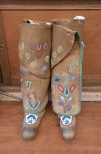 Antique Native American Beaded Cree Moccasins c1900s Great Lakes High Top Moccs