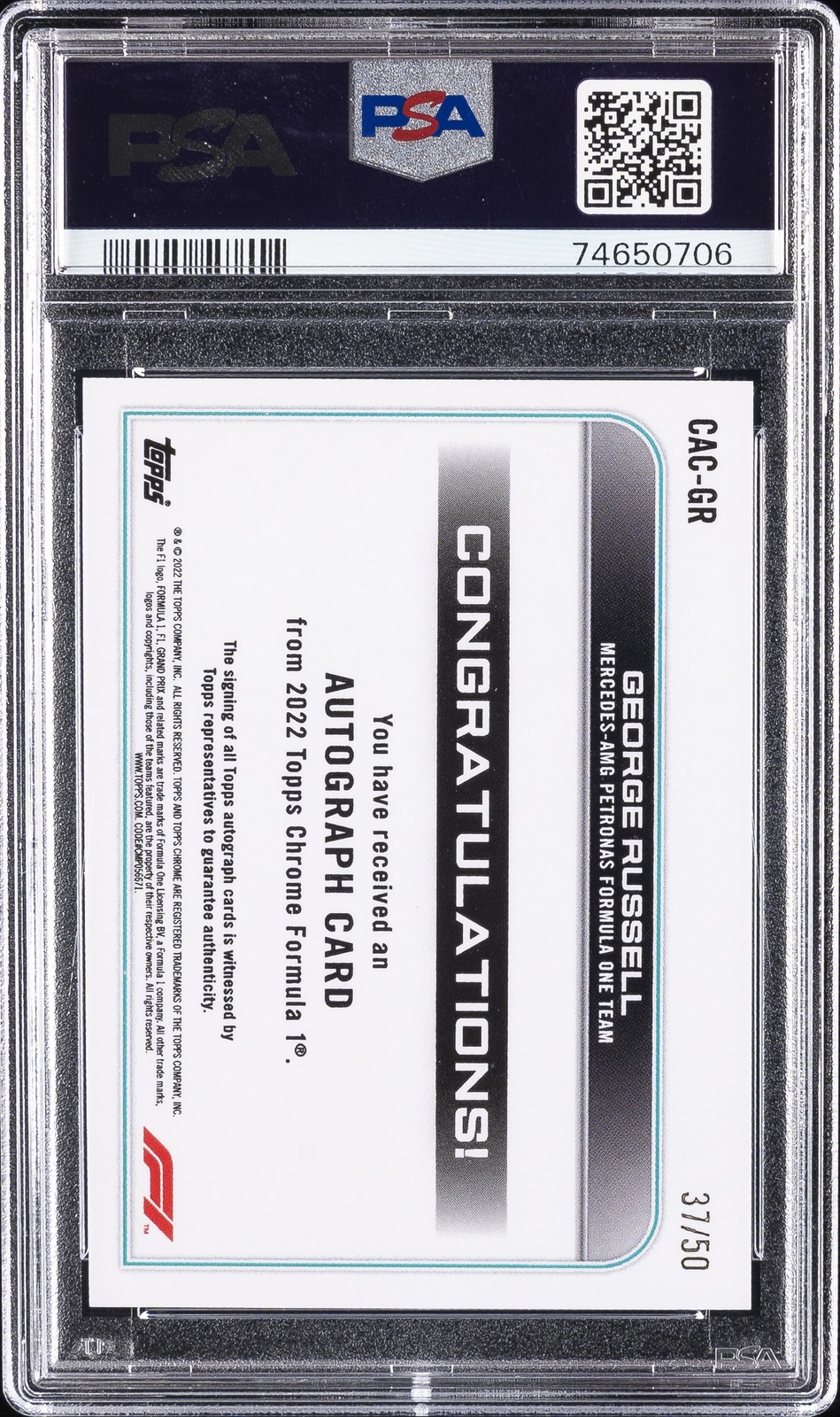 2022 TOPPS CHROME FORMULA 1 CHROME AUTOS GEORGE RUSSELL 37/50 PSA 9 AUTO 10 view 2