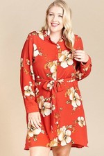 Floral Woven Button-down Collared Shirt Dress.