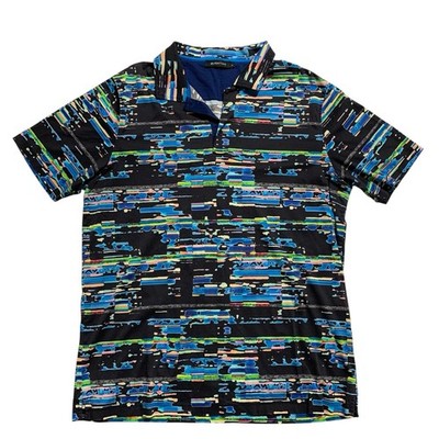 Bugatchi Polo Shirt Mens L Black Blue Abstract Print Short Sleeve Cotton Modern