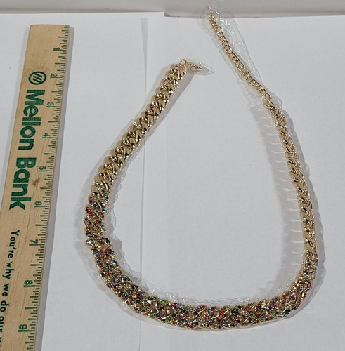 New Chunky Curb Link Necklace Inlaid Colorful Pave Crystals Gold Tone D-88 - Picture 5 of 11
