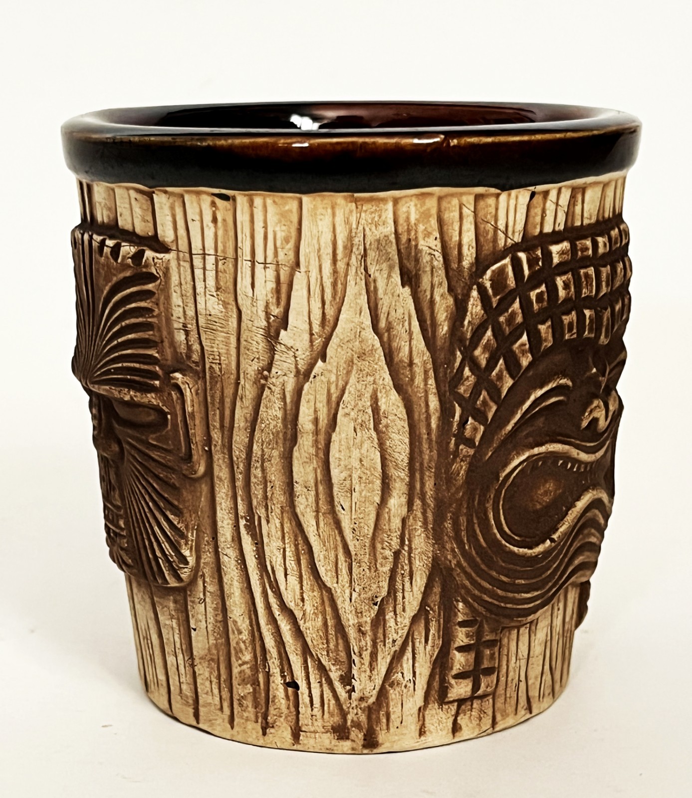 VTG 3 FACES BROWN TIKI MASK PLANTER BUCKET MUG CUP ISLANDS PHOENIX AZ OMC JAPAN