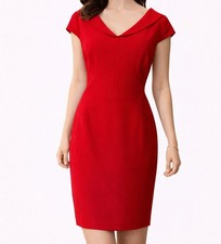 Tahari Levine Dress 12 Red Stretch Sheath Collared Short Sleeve Career Party