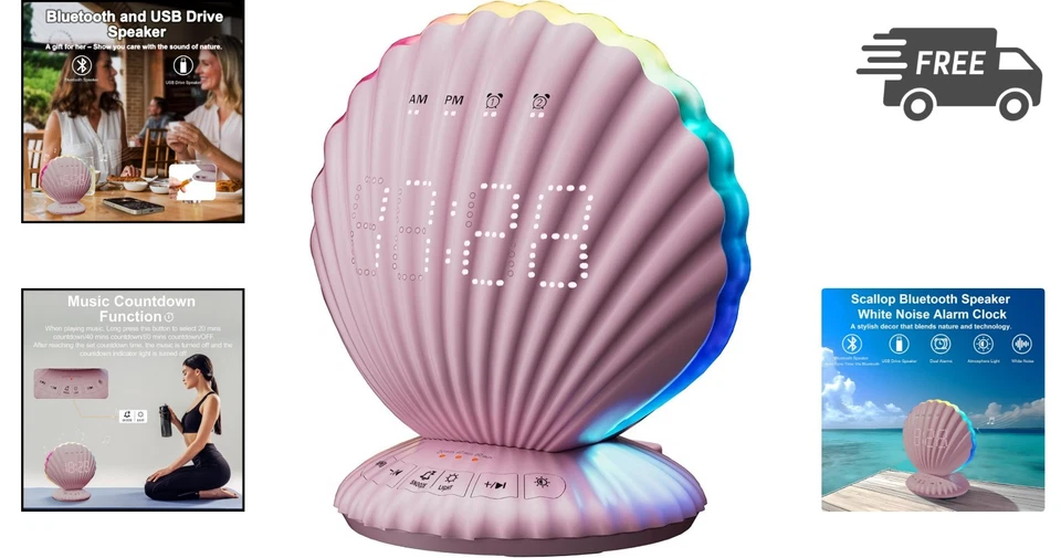 Alarm Clock Bluetooth Speaker White Noise Night Light RGB Bedroom Decor - Image 2 of 4