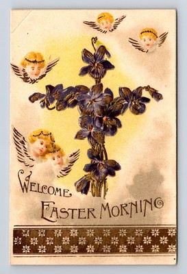 FANTASY EASTER Morning Flying Angel Heads Purple Flower Holy Cross Postcard