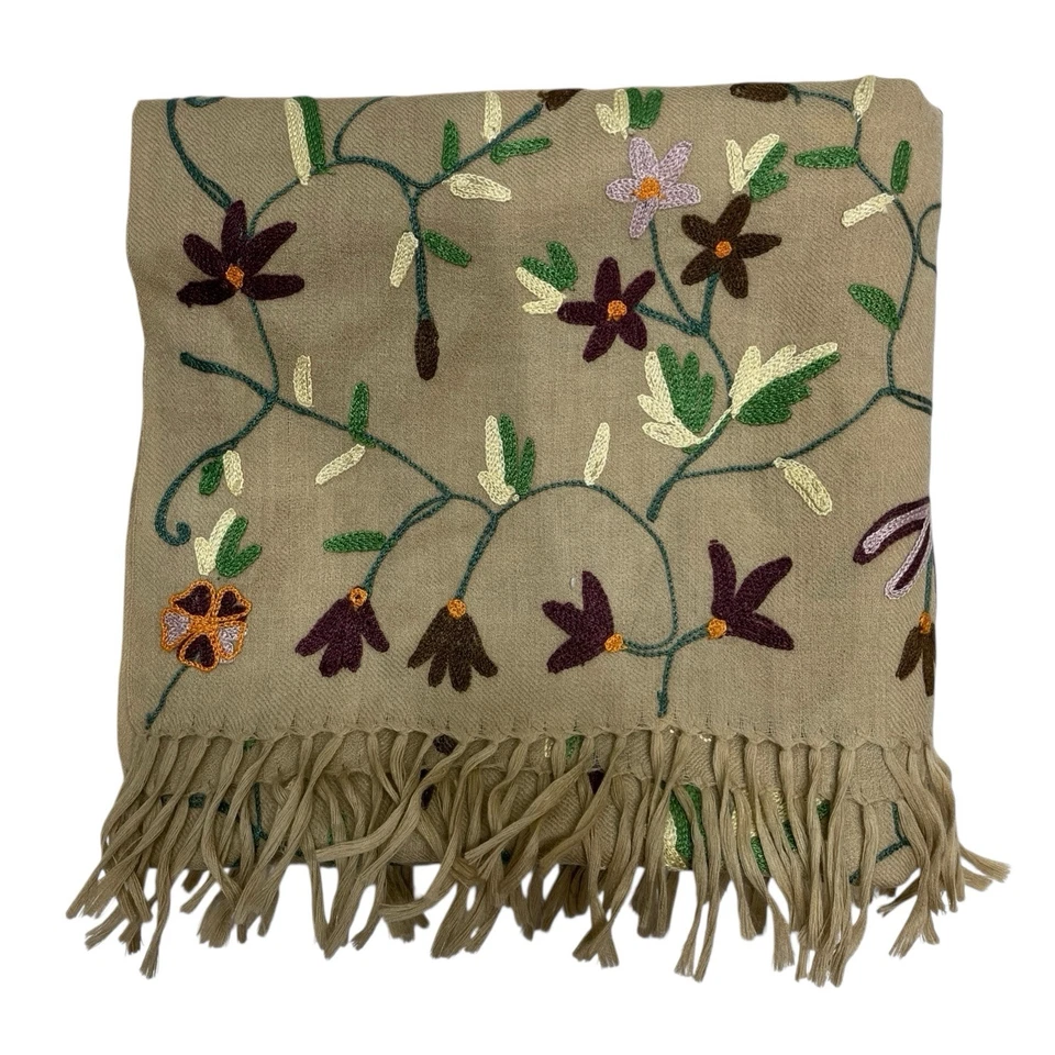 Bufanda De Colección Oscar Da La Renta Lana Tostada Floral Bordada Flecos Boho Hippie Foto 4 de 4