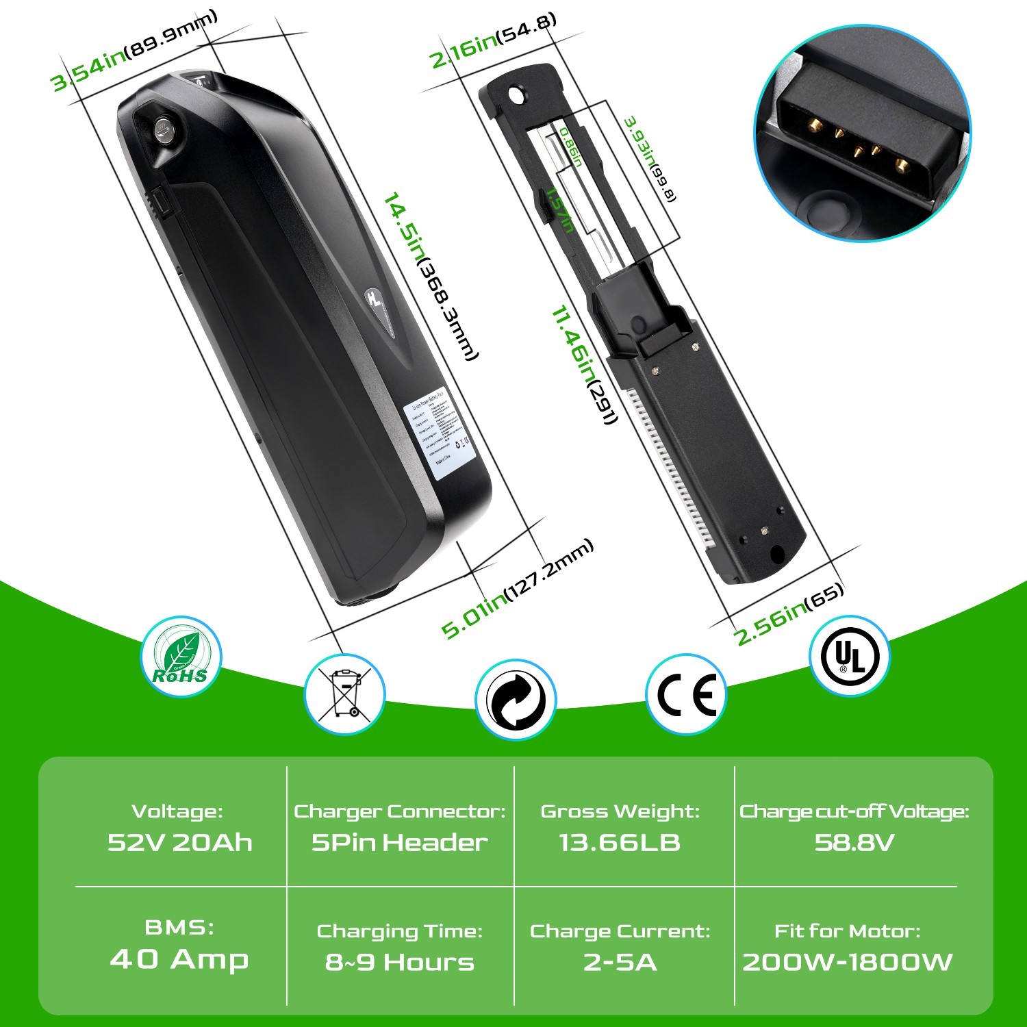 Ebike Battery 52V 48V 36V 13Ah 15Ah 20Ah Electric BiKE Scooter Battery Black