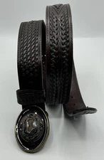 Allison Daniel Designs Brown Tooled Leather Belt Black Brown Geode Buckle Sz 36