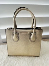 NWT MICHAEL KORS MERCER STUDIO LEATHER SATCHEL SHOULDER BAG MESSENGER Pale Gold
