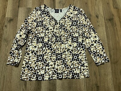 Rafaella Shirt, Women's Size Large, Brown White, Zip Up, V-neck