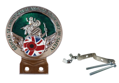Remembrance Poppy British Flag Green St Christopher Car Badge with Fixings
