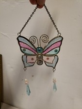 VTG STAINED GLASS 3D BUTTERFLY SUNCATCHER Dangling Beads Marble Body CHAIN Pink