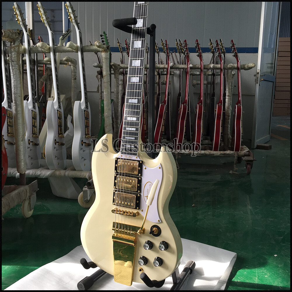 Custom SG Electric Guitar Safe Shipping Gold Hardware Long Tremolo Cream White eBay
