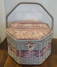 Vintage 1980s Large Octagon Sewing Box w Handle Wicker Dusty Rose/Blue Floral