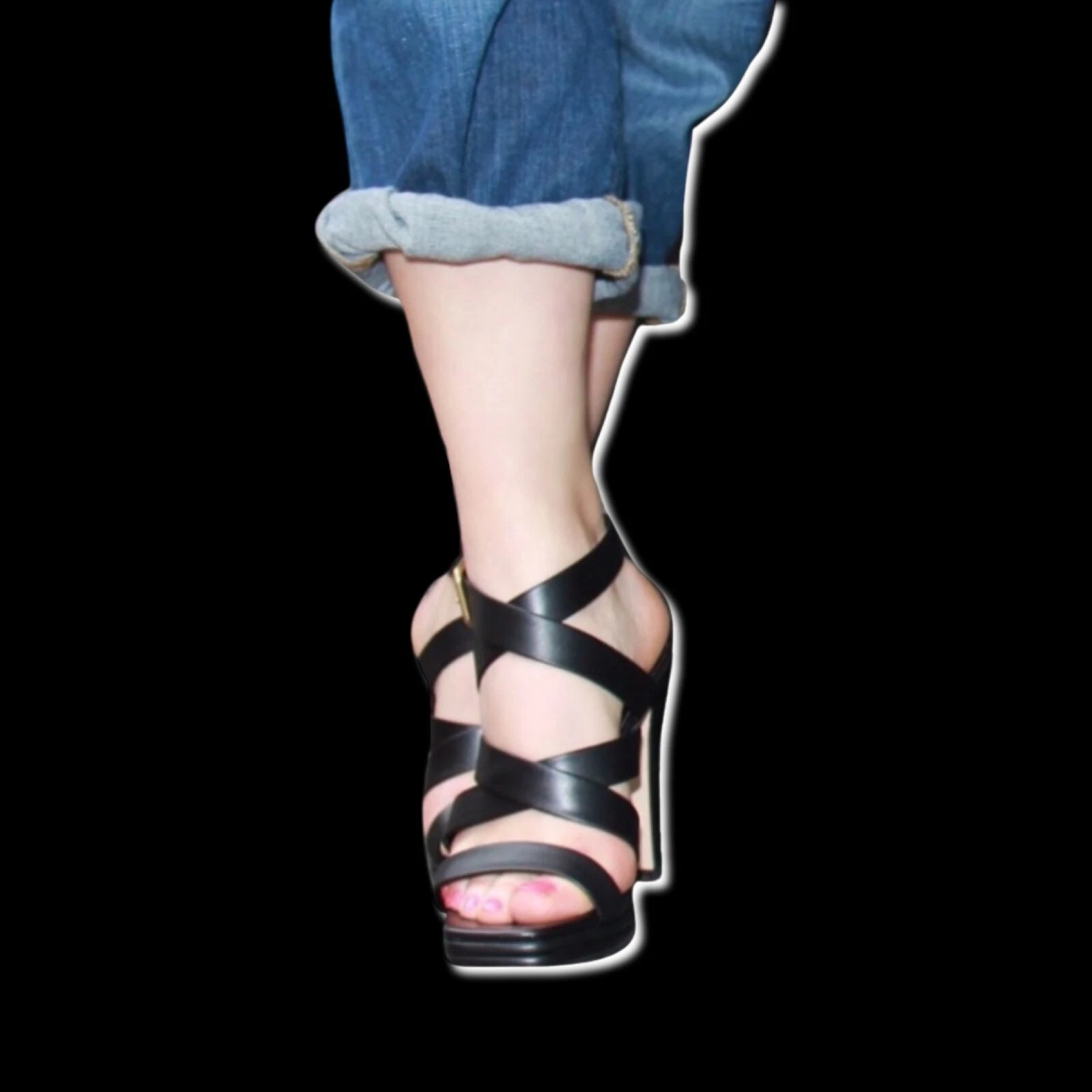 SAINT LAURENT (YSL) Yves Saint Laurent sandalo vintage pelle cinturino nero e oro tacco plateau